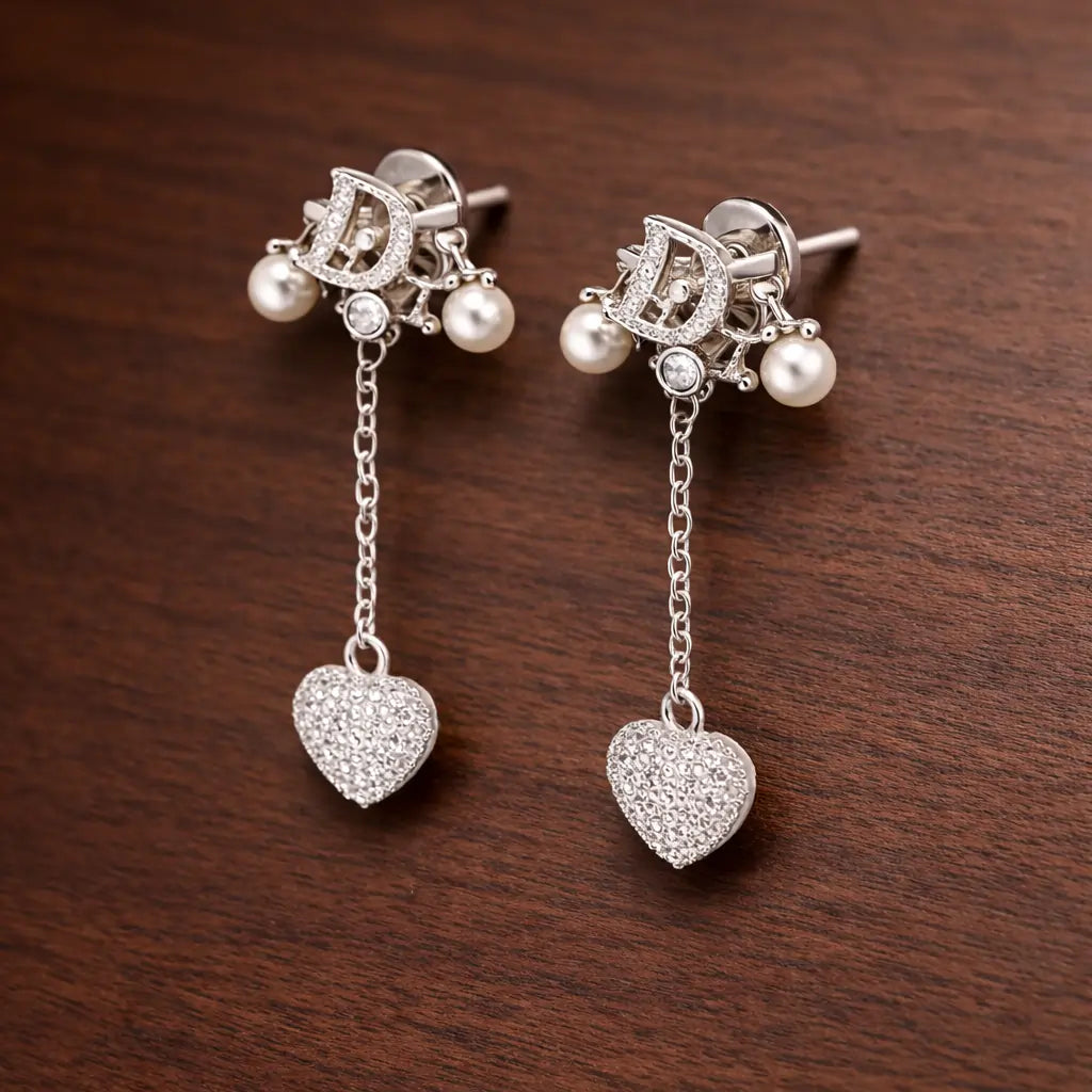 Dior-Inspired Heart Drop Earrings – Sterling Silver 925 Pearl Chain Dangle Earrings