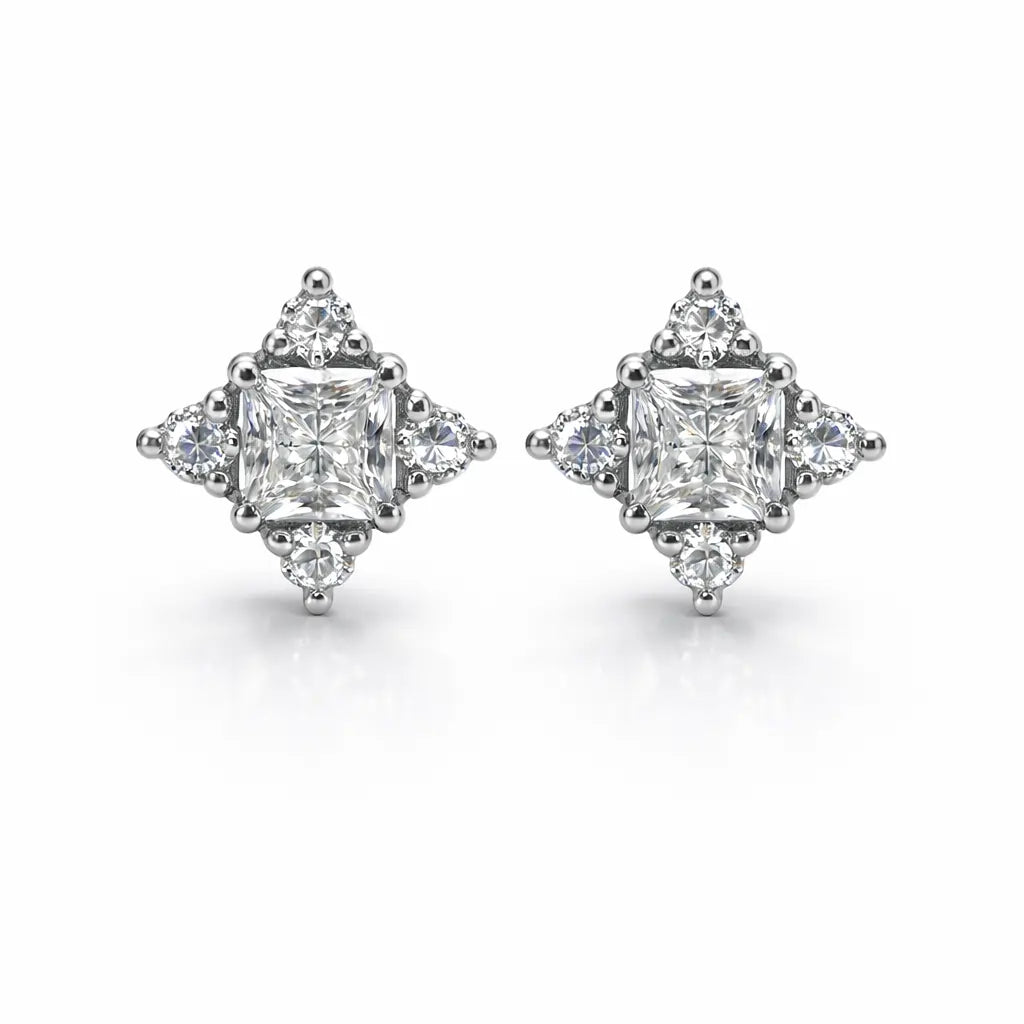 Swarovski Princess Cut Cluster Stud Earrings – Sterling Silver 925 Statement Crystal Studs