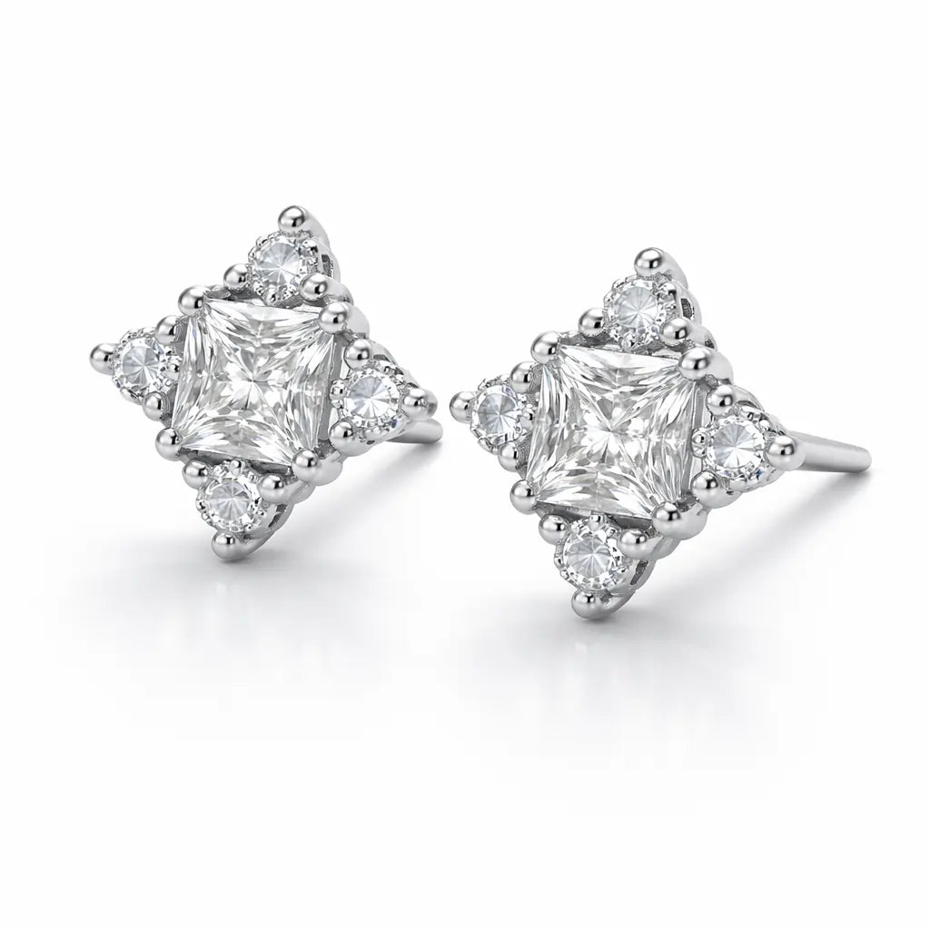 Swarovski Princess Cut Cluster Stud Earrings – Sterling Silver 925 Statement Crystal Studs