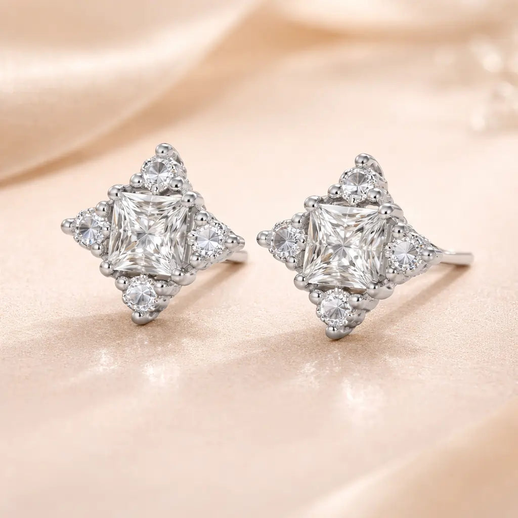 Swarovski Princess Cut Cluster Stud Earrings – Sterling Silver 925 Statement Crystal Studs