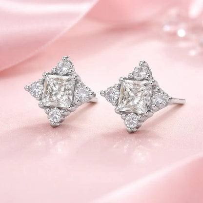 Swarovski Princess Cut Cluster Stud Earrings – Sterling Silver 925 Statement Crystal Studs