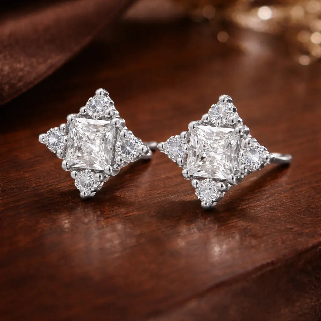 Swarovski Princess Cut Cluster Stud Earrings – Sterling Silver 925 Statement Crystal Studs
