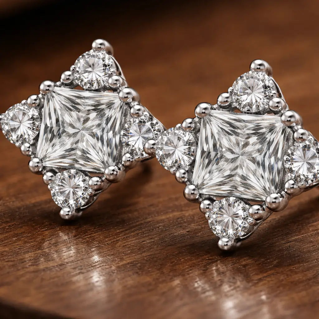 Swarovski Princess Cut Cluster Stud Earrings – Sterling Silver 925 Statement Crystal Studs