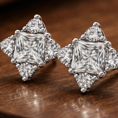 Swarovski Princess Cut Cluster Stud Earrings – Sterling Silver 925 Statement Crystal Studs