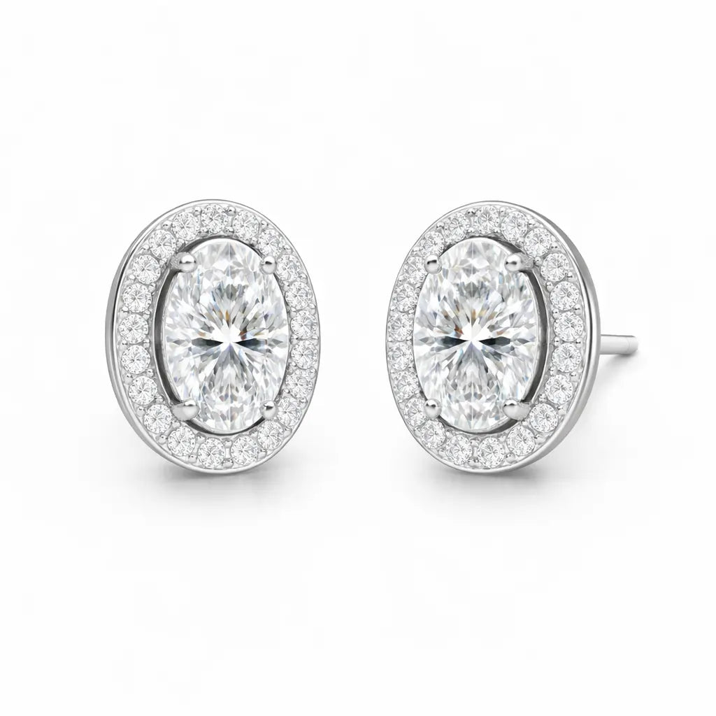 Swarovski Oval Halo Stud Earrings – Sterling Silver 925 Crystal Earrings