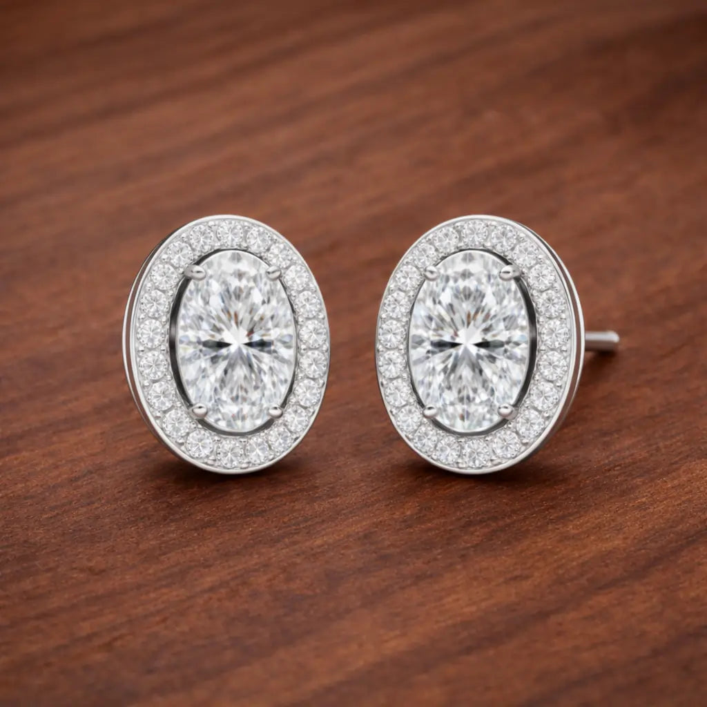 Swarovski Oval Halo Stud Earrings – Sterling Silver 925 Crystal Earrings