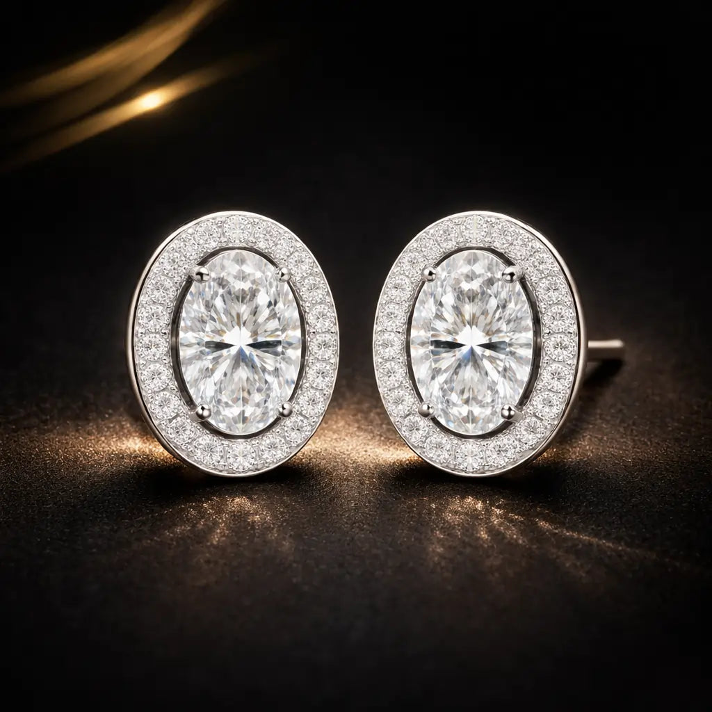 Swarovski Oval Halo Stud Earrings – Sterling Silver 925 Crystal Earrings