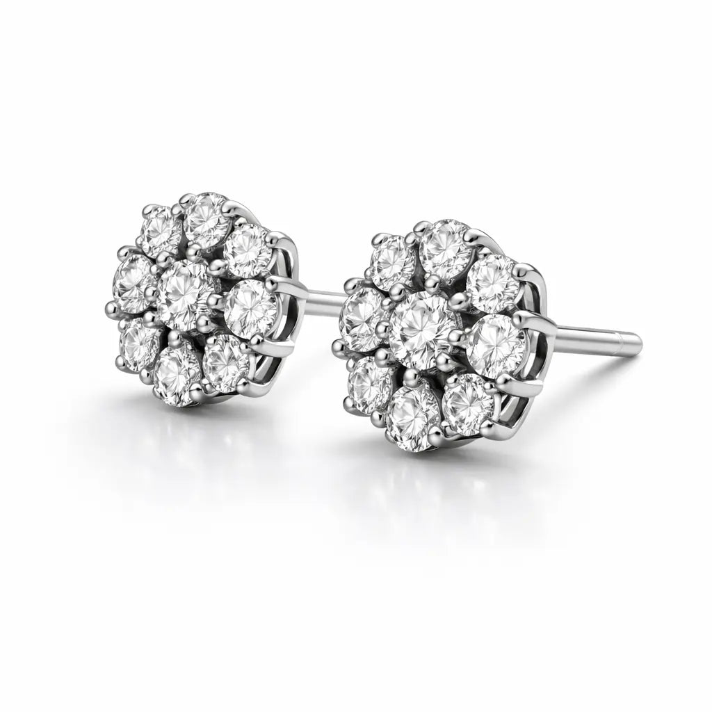 Swarovski Floral Cluster Stud Earrings – Sterling Silver 925 Round Crystal Earrings