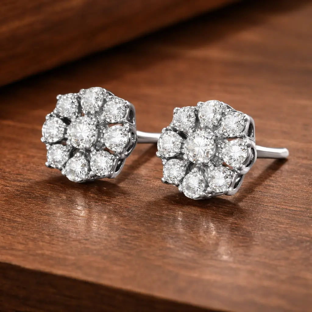 Swarovski Floral Cluster Stud Earrings – Sterling Silver 925 Round Crystal Earrings
