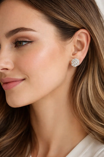 Swarovski Floral Cluster Stud Earrings – Sterling Silver 925 Round Crystal Earrings