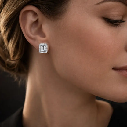 Swarovski Emerald Cut Halo Stud Earrings – Sterling Silver 925 Crystal Earrings