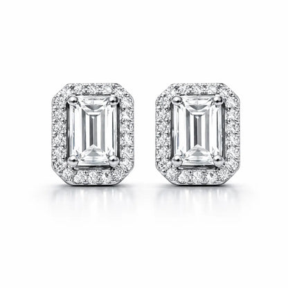 Swarovski Emerald Cut Halo Stud Earrings – Sterling Silver 925 Crystal Earrings