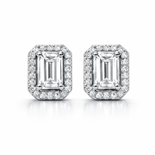 Swarovski Emerald Cut Halo Stud Earrings – Sterling Silver 925 Crystal Earrings