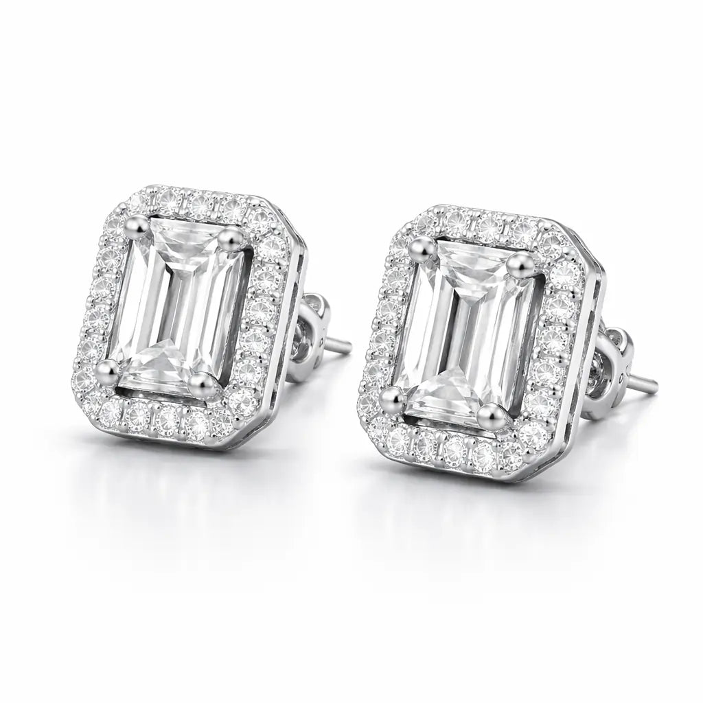 Swarovski Emerald Cut Halo Stud Earrings – Sterling Silver 925 Crystal Earrings