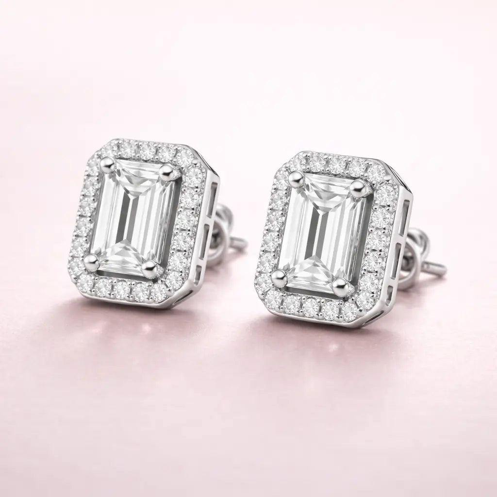 Swarovski Emerald Cut Halo Stud Earrings – Sterling Silver 925 Crystal Earrings
