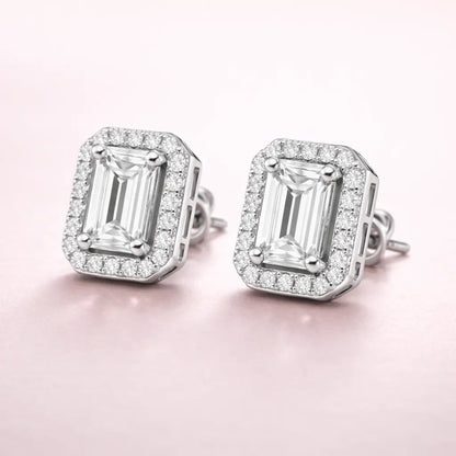 Swarovski Emerald Cut Halo Stud Earrings – Sterling Silver 925 Crystal Earrings