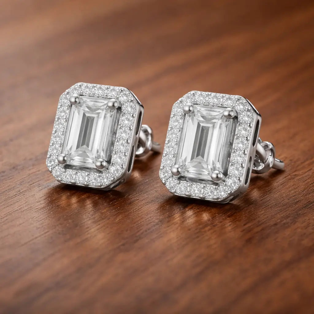 Swarovski Emerald Cut Halo Stud Earrings – Sterling Silver 925 Crystal Earrings