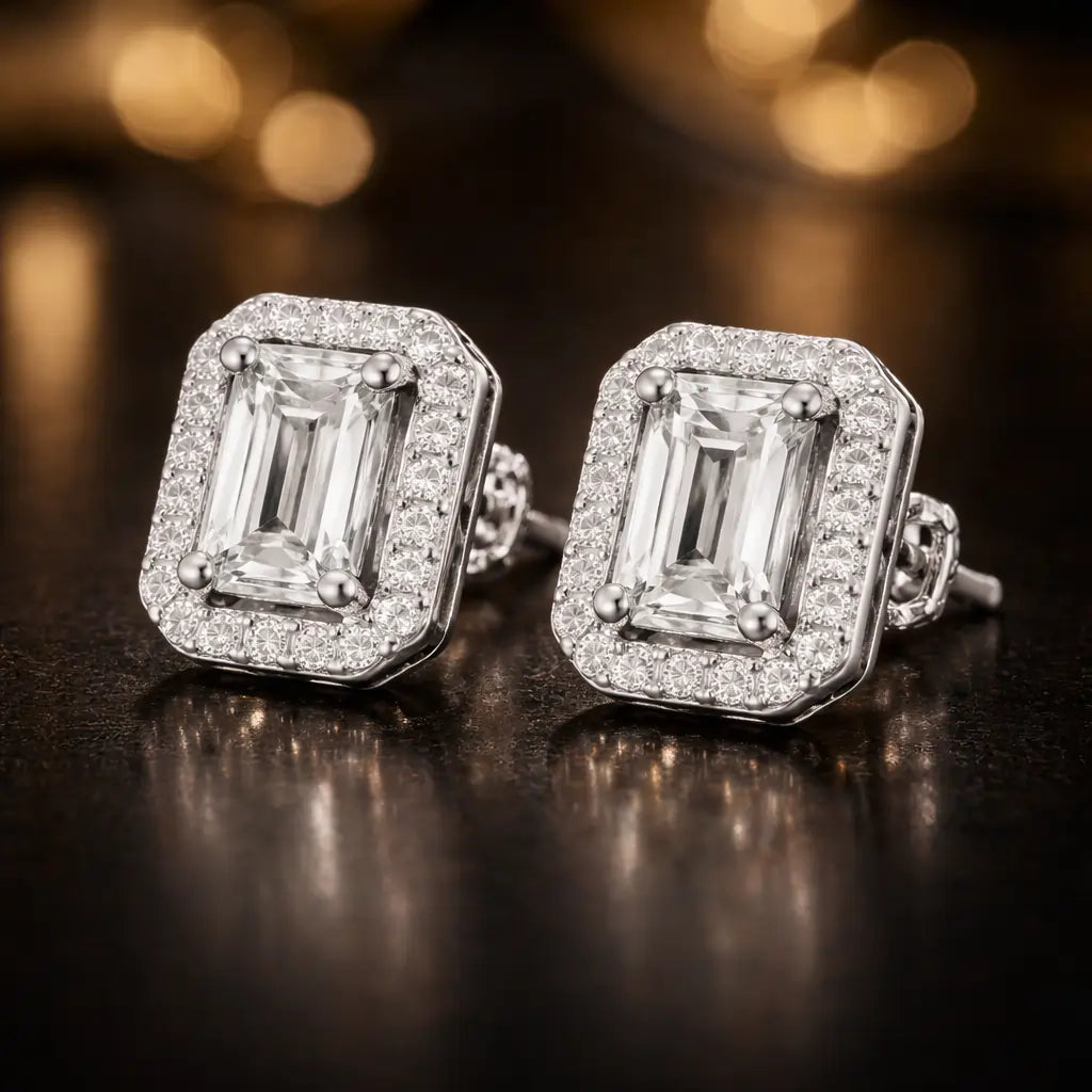 Swarovski Emerald Cut Halo Stud Earrings – Sterling Silver 925 Crystal Earrings