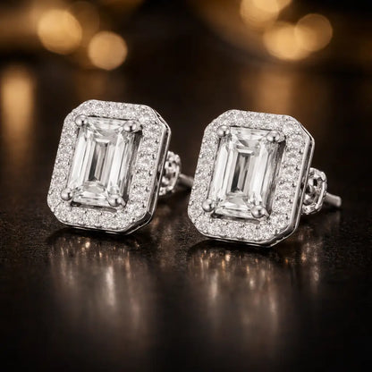 Swarovski Emerald Cut Halo Stud Earrings – Sterling Silver 925 Crystal Earrings