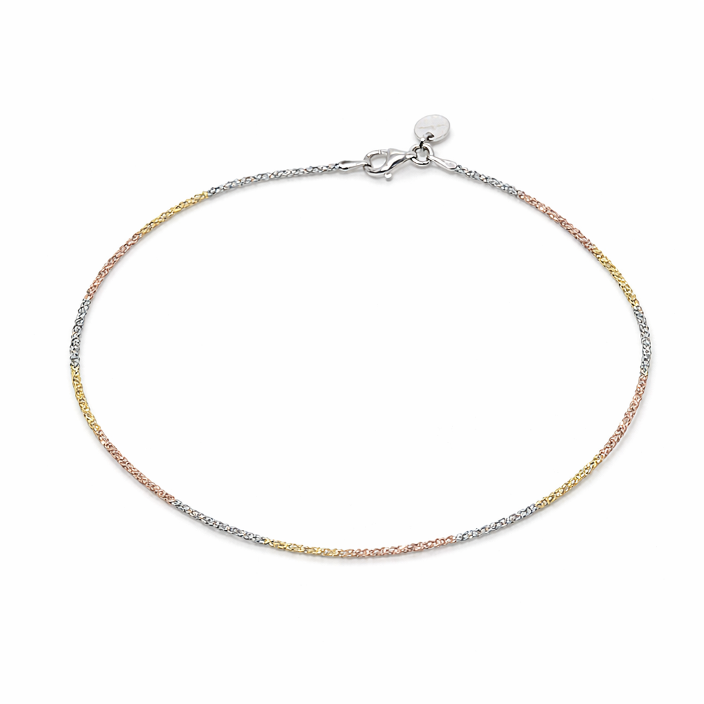Italian Tri-Tone Rolo Chain Anklet – 925 Sterling Silver (Gold, Rose Gold & Silver Finish)