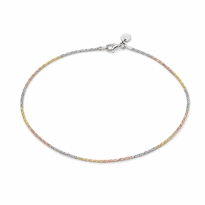 Italian Tri-Tone Rolo Chain Anklet – 925 Sterling Silver (Gold, Rose Gold & Silver Finish)
