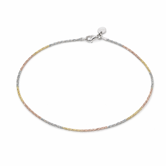 Italian Tri-Tone Rolo Chain Anklet – 925 Sterling Silver (Gold, Rose Gold & Silver Finish)