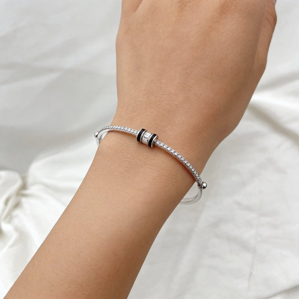 Pave Onyx Double Bar Hinged Bangle in 925 Silver
