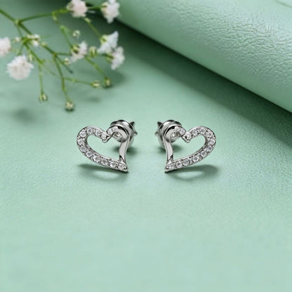 Pave Heart Stud Earrings in 925 Silver