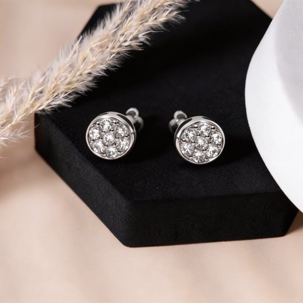Pave CZ Round Cluster Stud Earrings in 925 Silver