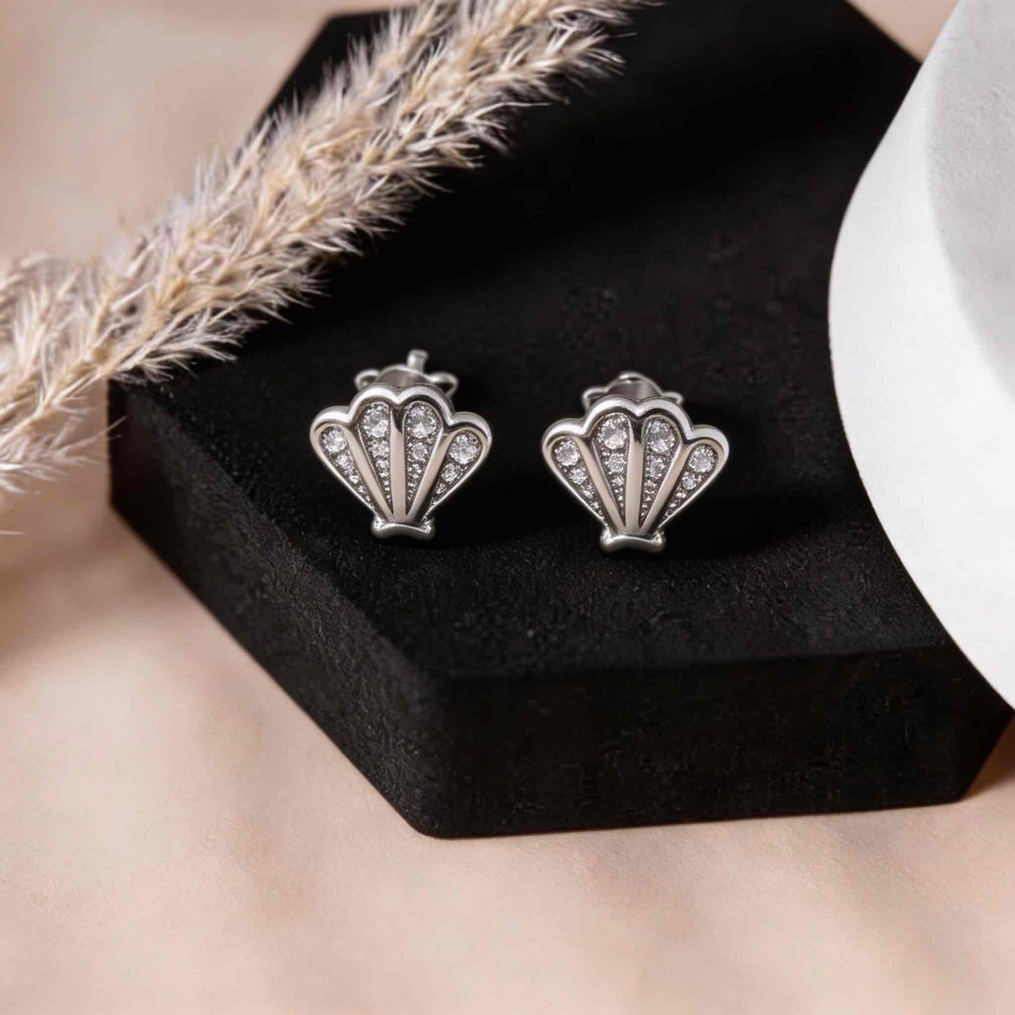 Pave Scallop Shell Stud Earrings in 925 Silver