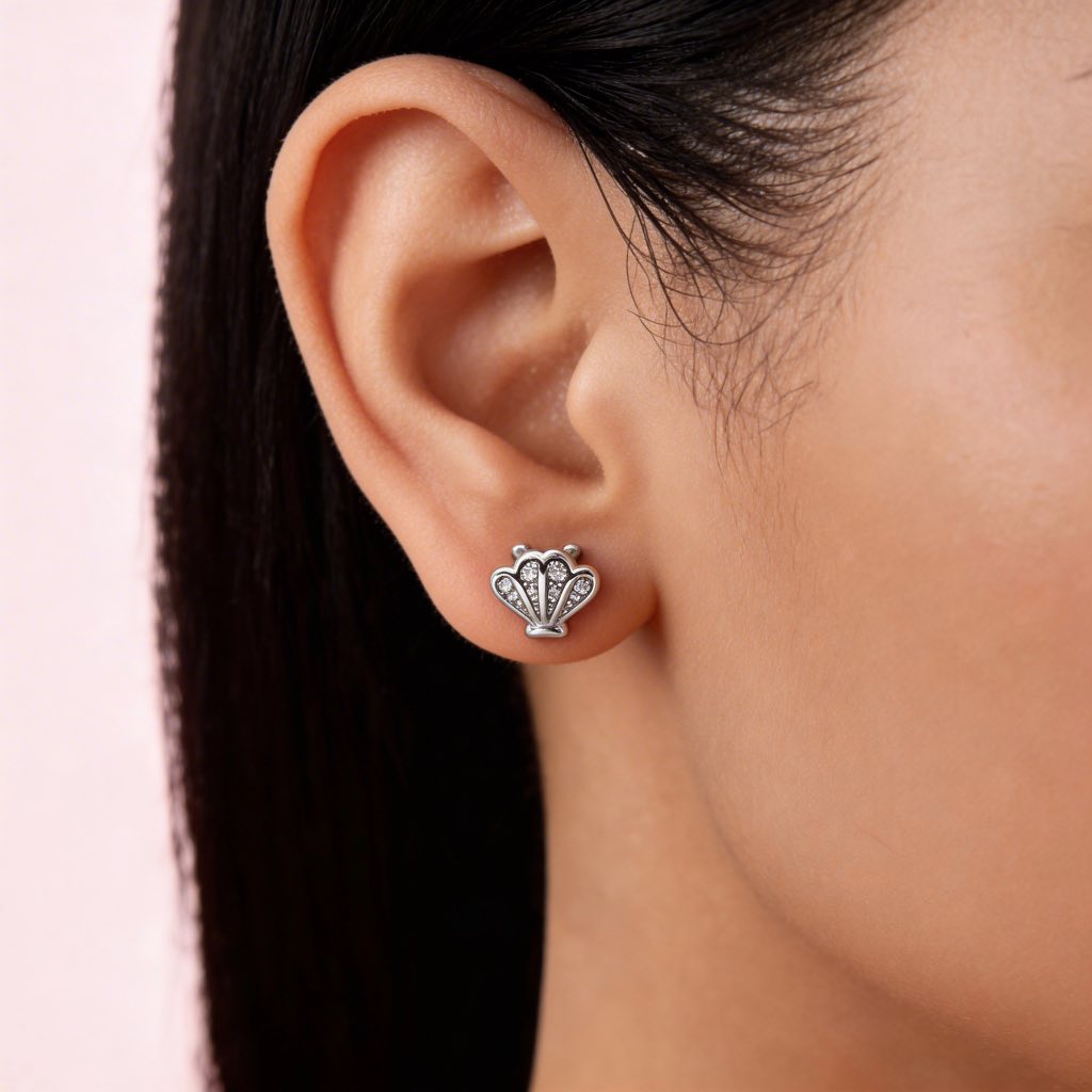 Pave Scallop Shell Stud Earrings in 925 Silver