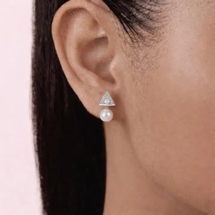 Geometric Triangle Pearl Drop Earrings – Sterling Silver 925 Crystal Stud Earrings
