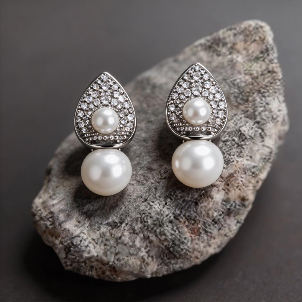 Pearl Drop Teardrop Stud Earrings – Sterling Silver 925 Crystal Stud Earrings