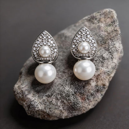 Pearl Drop Teardrop Stud Earrings – Sterling Silver 925 Crystal Stud Earrings