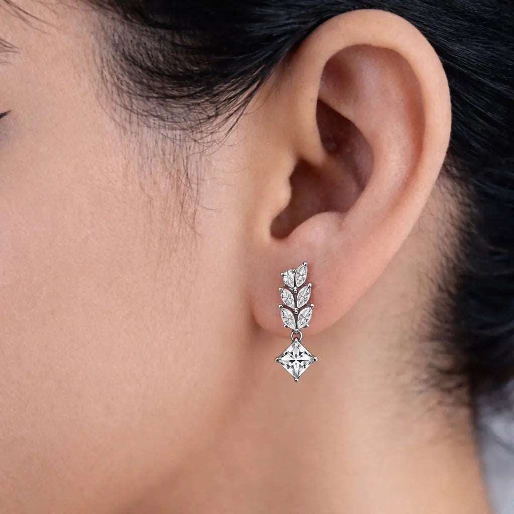 Swarovski Leaf Drop Earrings – Sterling Silver 925 Princess Cut Dangle Earrings