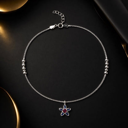 Floral Charm Anklet with Pink Stone in 925 Sterling Silver