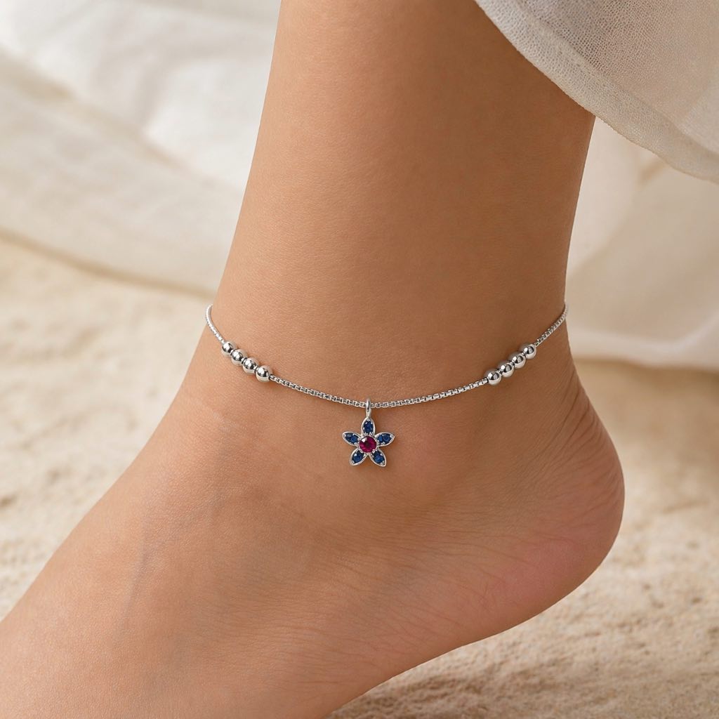 Floral Charm Anklet with Pink Stone in 925 Sterling Silver