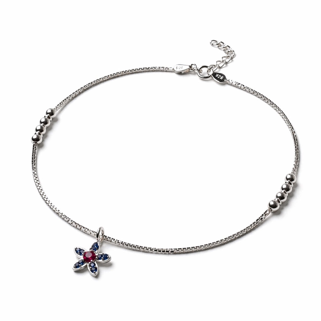 Floral Charm Anklet with Pink Stone in 925 Sterling Silver