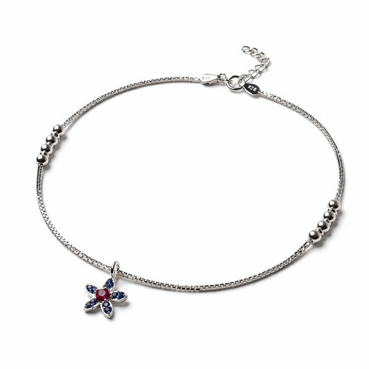 Floral Charm Anklet with Pink Stone in 925 Sterling Silver