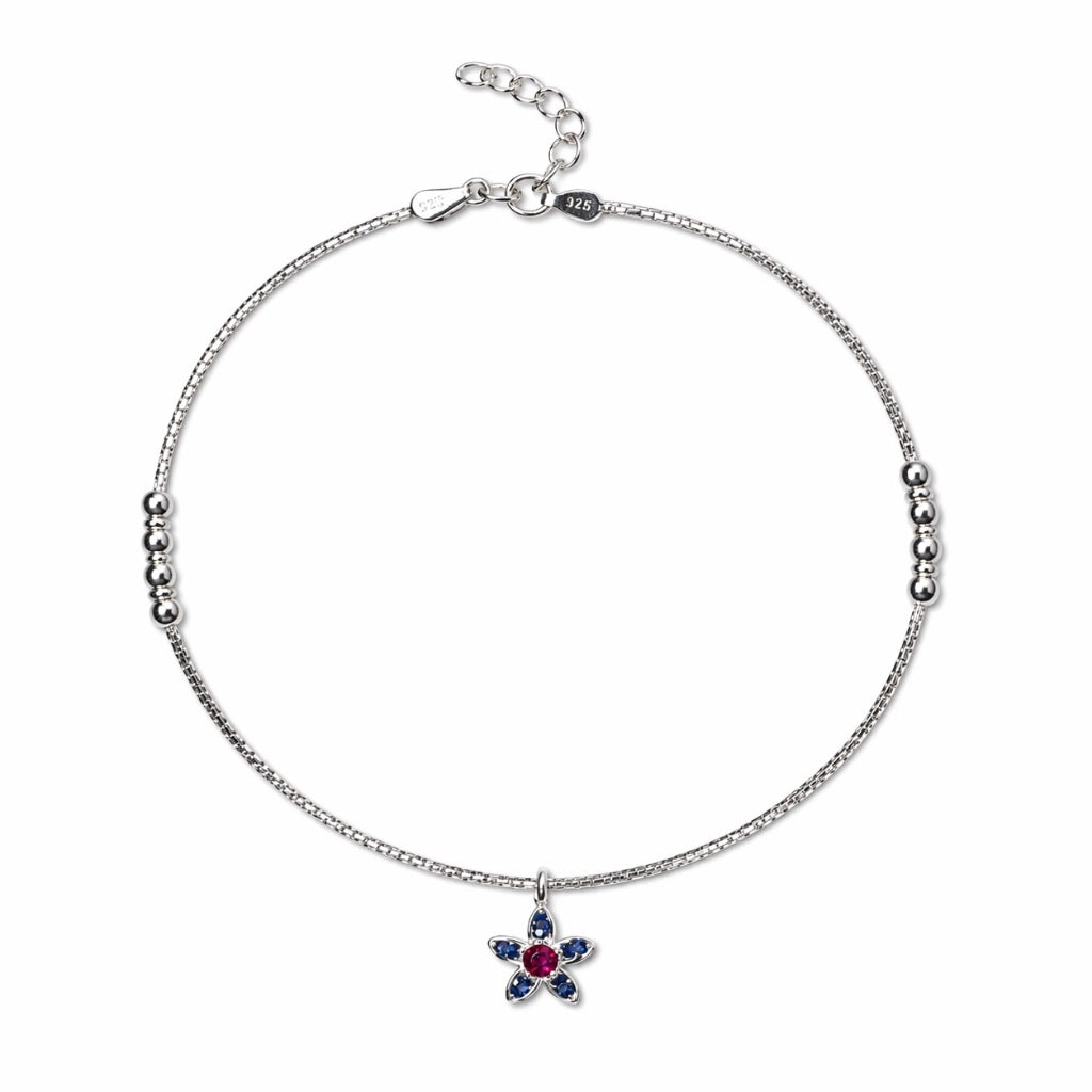 Floral Charm Anklet with Pink Stone in 925 Sterling Silver