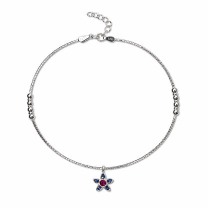 Floral Charm Anklet with Pink Stone in 925 Sterling Silver