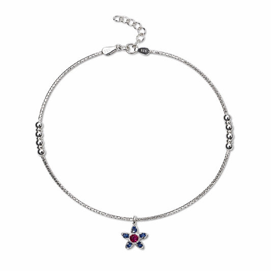 Floral Charm Anklet with Pink Stone in 925 Sterling Silver