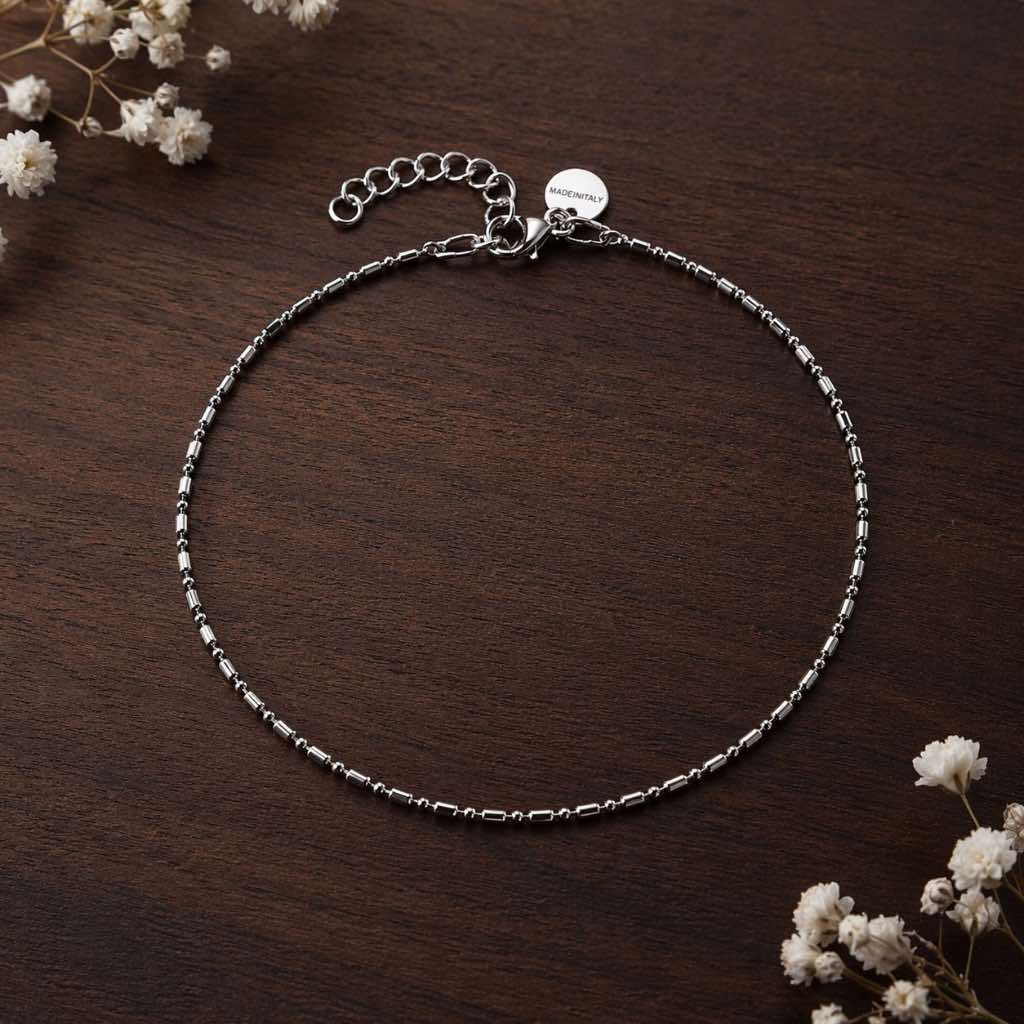 Italian Bead & Bar Chain Anklet – 925 Sterling Silver (Minimal Everyday Elegance)