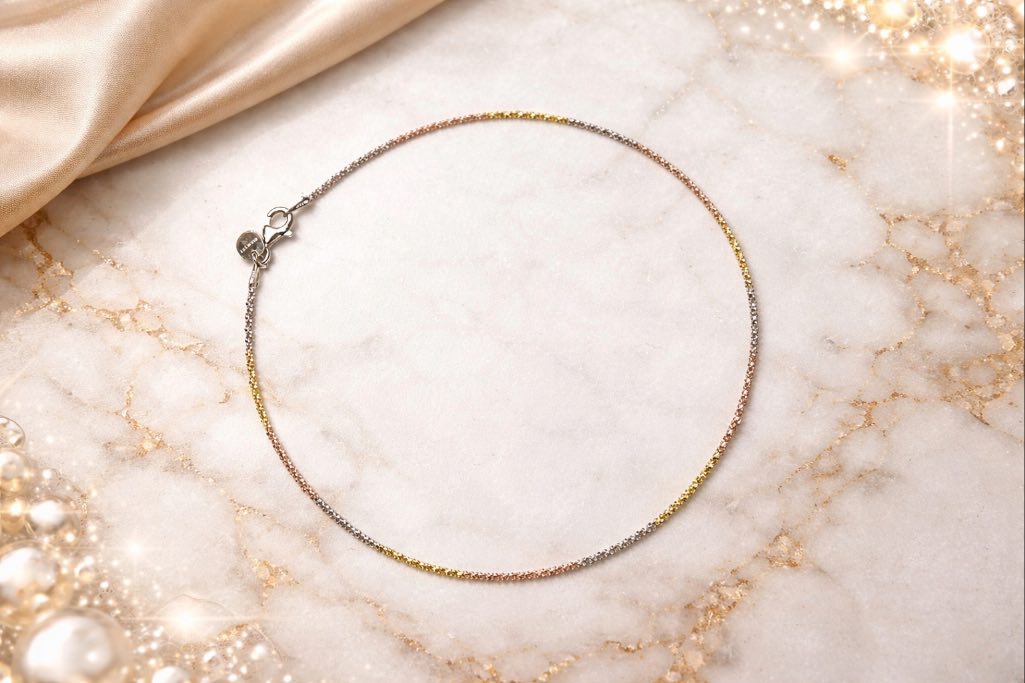 Italian Tri-Tone Rolo Chain Anklet – 925 Sterling Silver (Gold, Rose Gold & Silver Finish)