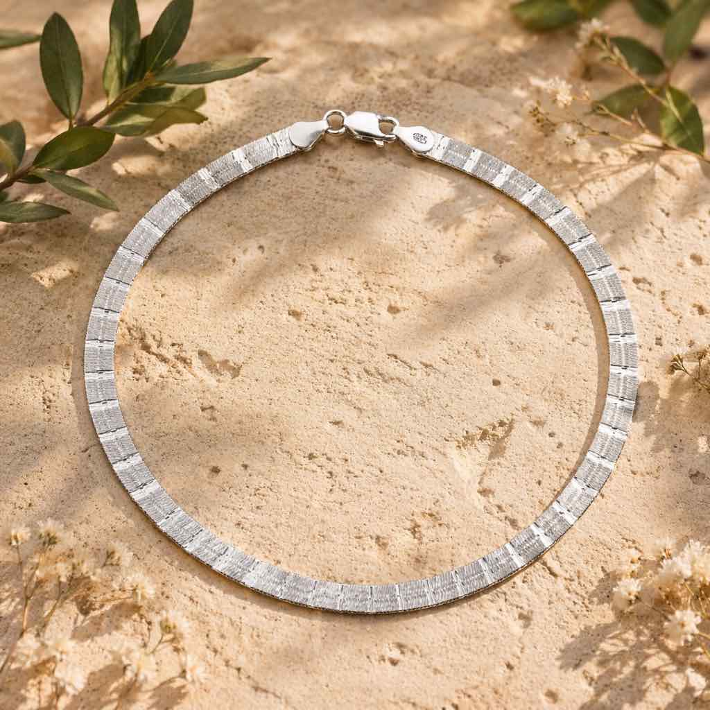 925 Sterling Silver Diamond-Cut Flat Chain Anklet – Sleek Minimal Shine