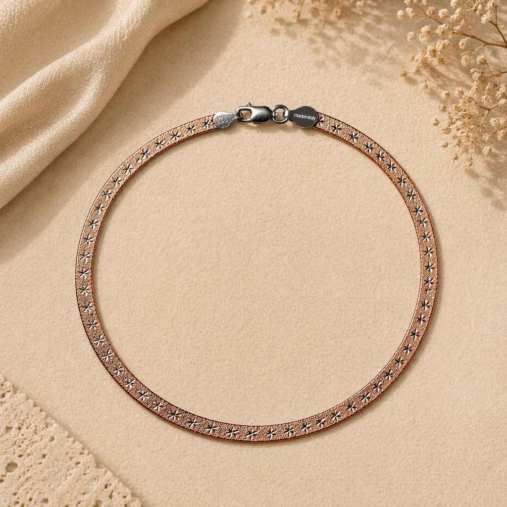 Rose Gold Textured Sterling Silver 925 Anklet – Elegant Flat Chain Design