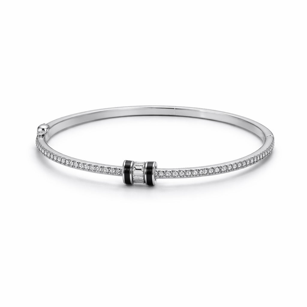 Pave Onyx Double Bar Hinged Bangle in 925 Silver