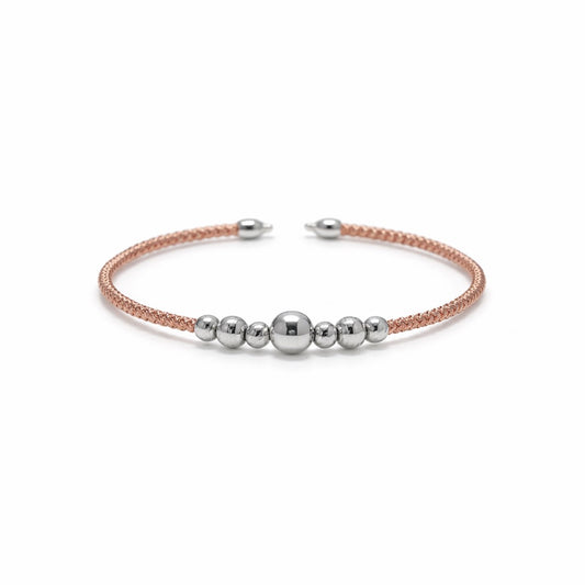 Rose Gold Rope Cuff Bracelet with Silver Beads in 925 Silver