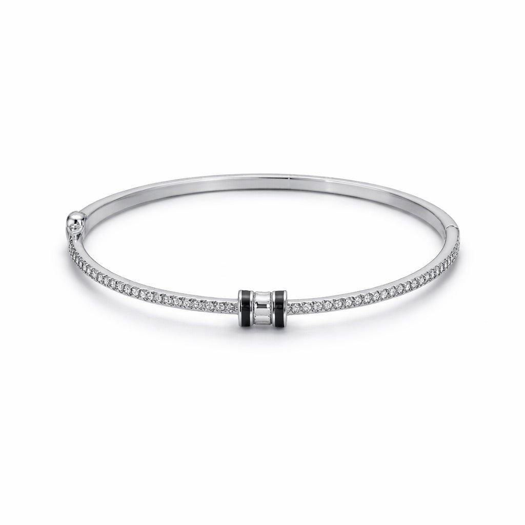 Pave Onyx Double Bar Hinged Bangle in 925 Silver