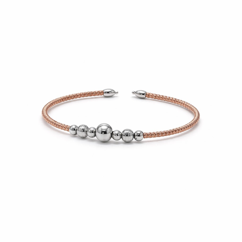 Rose Gold Rope Cuff Bracelet with Silver Beads in 925 Silver